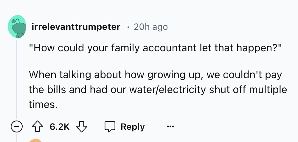 number - irrelevanttrumpeter 20h ago "How could your family accountant let that happen?" When talking about how growing up, we couldn't pay the bills and had our waterelectricity shut off multiple times. >